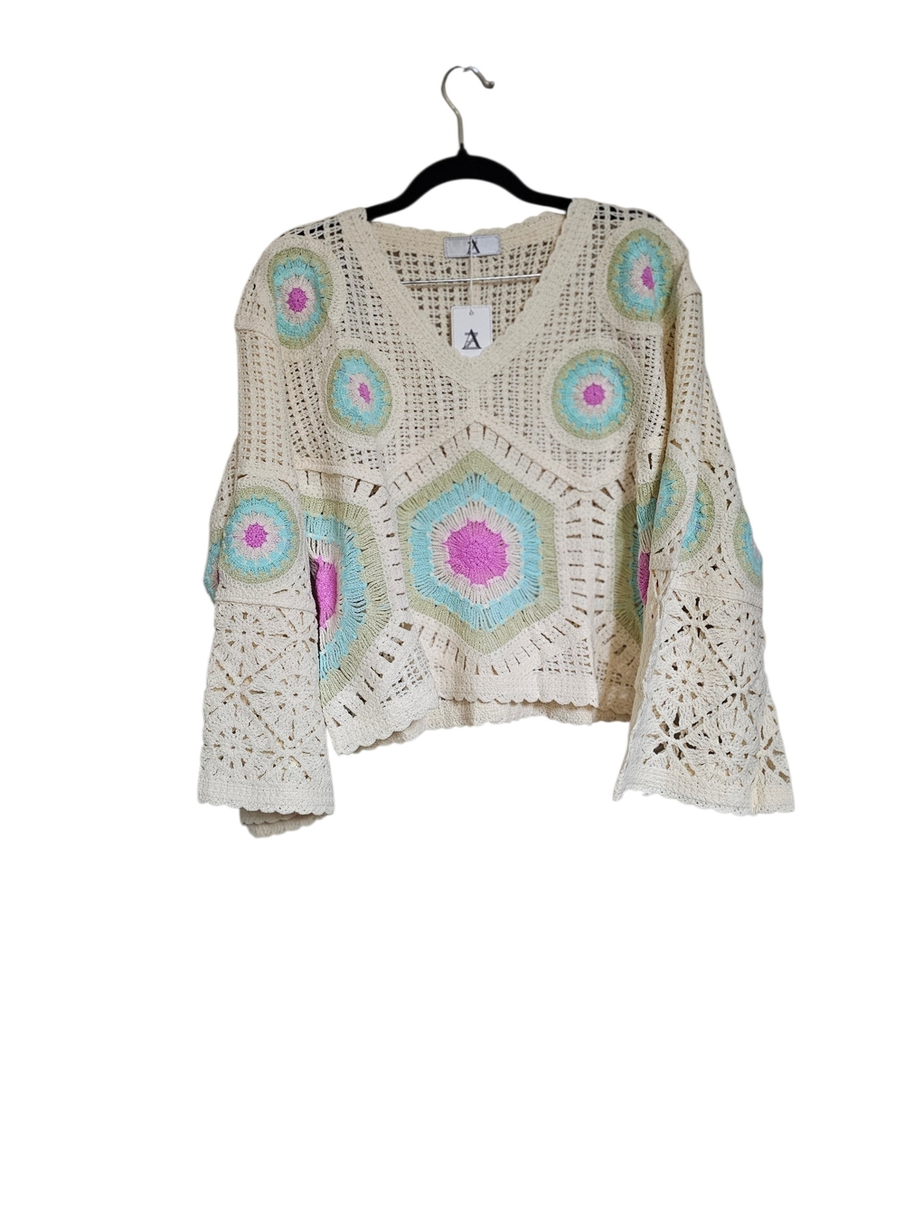 AZZ Cream Crochet V-Neck Top with Pastel Medallions - Picture 2 of 4